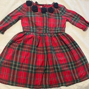 Red Plaid Holiday Dress with Navy Rosette Trim